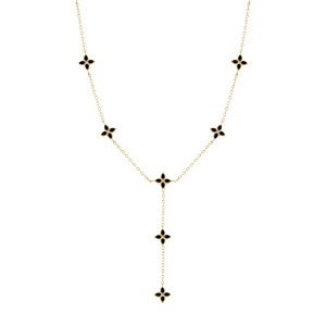 Collier en acier dor� fleurs cravate r�sine noire  - 40+5cm - Vue 2