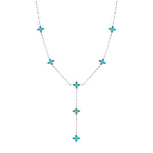 Collier en acier fleurs cravate r�sine turquoise -  40+5cm - Vue 2