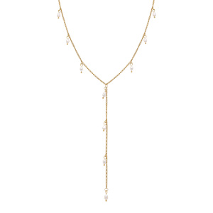 Collier en acier dor� cravate (10cm) perles blanches imitation  - 40+5cm - Vue 2