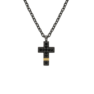 Collier en acier et PVD noir et jaune cha�ne avec pendentif petite croix et oxydes noirs 50+5cm - Vue 2