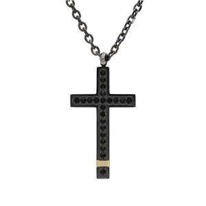 Collier en acier et PVD noir et jaune cha�ne avec pendentif grande croix et oxydes noirs 50+5cm - Vue 2