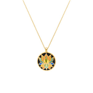 Collier Stella Mia en acier dor� pendentif 16mm fleur de lotus r�sine fond noir  - 45+10cm - Vue 2
