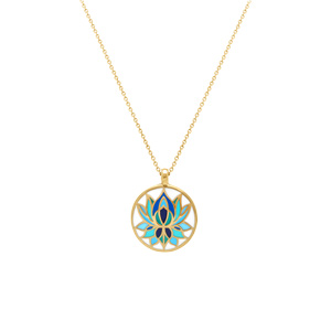 Collier Stella Mia en acier dor pendentif 16mm fleur de lotus rsine bleue fond blanc  - 45+10cm - Vue 2