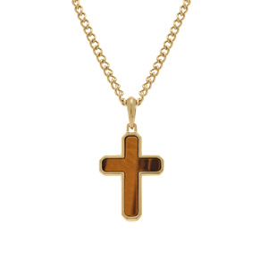 Collier en acier dor� pendentif croix 30x20mm marron  - 50+10cm - Vue 2
