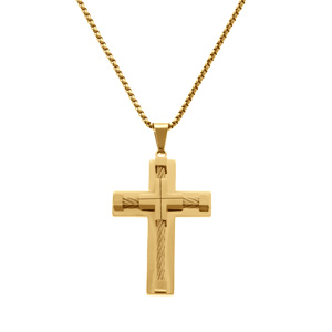 Collier en acier dor� pendentif croix 55x40mm avec c�ble noir  - 55+10cm - Vue 2