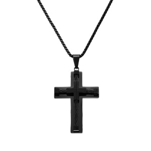 Collier en acier PVD noir pendentif croix 55x40mm avec cble noir  -  55+10cm - Vue 2