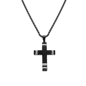 Collier en acier PVD noir pendentif croix 40x28mm avec motif gris    - 50+10cm - Vue 2