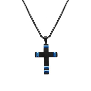 Collier en acier PVD noir pendentif croix 40x28mm avec motif bleu  - 50+10cm - Vue 2