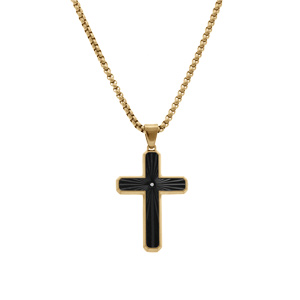 Collier en acier dor� pendentif croix stri�e 38x26mm PVD noir avec oxyde blanc  - 50+10cm - Vue 2