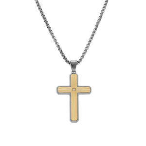 Collier en acier pendentif croix acier dor strie 38x26mm avec oxyde blanc - 50+10cm - Vue 2