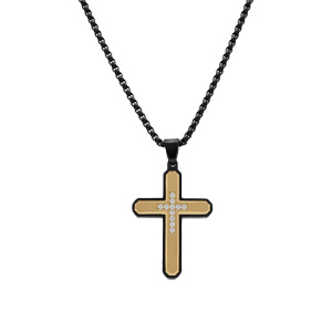 Collier en acier cha�ne PVD noir pendentif croix dor� 39x27mm avec oxydes blancs  - 50+10cm - Vue 2