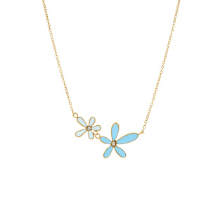 Collier en acier dor� deux fleur en r�sine bleu - 40+5cm - Vue 2