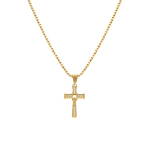 Collier en acier dor� pendentif croix articul�e 20 x 14mm avec oxydes blancs - 45+10cm - Vue 2