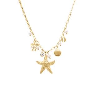 Collier en acier avec pampilles theme mer et perles blanches imitation - 43+5cm - Vue 2