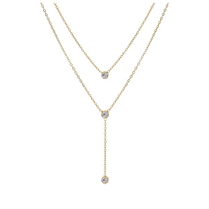 Collier en acier dor� forme cravate double rang avec 3 oxydes blancs sertis - 38+4cm - Vue 2