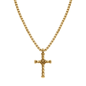 Collier en acier et PVD jaune cha�ne maille jaseron avec pendentif croix longueur 55+10cm - Vue 2