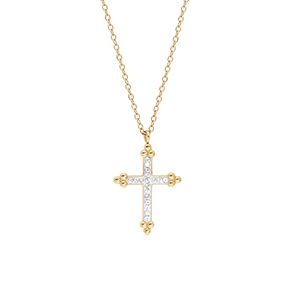 Collier en acier et PVD dor� avec Pendentif Croix (17X3mm) r�sine champagne et pierres champagne - 45+5cm - Vue 2