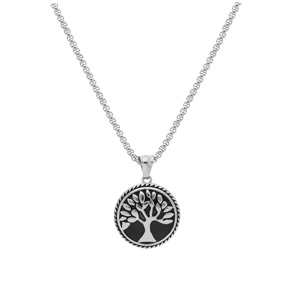Collier en acier cha�ne maille jaseron patin�e avec Pendentif arbre de vie vieilli 55cm - Vue 2