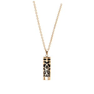 Collier en acier et PVD dor� cha�ne avec pendentif Tiki protection 30 mm diam�tre 9mm agate noire v�ritable - 50+5cm - Vue 2