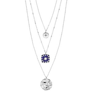 Collier en acier triple cha�nes 2 pendentifs ronds et 1 carr� bleu 38+5cm - Vue 2