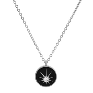 Collier en acier cha�ne avec pendentif rond noir et oxyde blanc �toil� 38+7cm - Vue 2