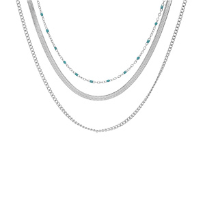 Collier en acier 3 rangs avec perles couleur turquoise de synth�se 42+4cm - Vue 2