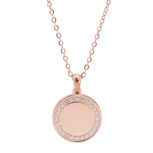Collier en acier et PVD rose cha�ne avec pendentif � graver m�daille ronde contour d\'oxydes blancs 38+7cm - Vue 2