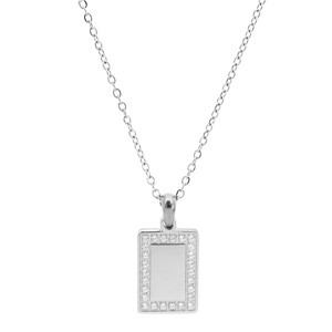 Collier en acier cha�ne avec pendentif rectangulaire et contour oxydes blancs possibilit� gravure 38+5cm - Vue 2