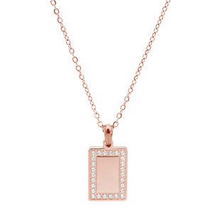 Collier en acier et PVD rose cha�ne avec pendentif rectangulaire contour d\'oxydes blancs possibilit� gravure 38+7cm - Vue 2