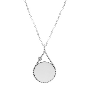 Collier en acier cha�ne avec pendentif rond � graver dans goutte contour perl� 38+7cm - Vue 2
