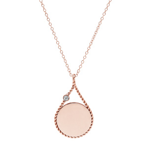 Collier en acier et PVD rose cha�ne avec pendentif rond � graver dans une goutte contour perl� 38+7cm - Vue 2