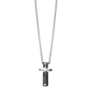 Collier en acier cha�ne avec pendentif croix en carbone et PVD noir longueur 54cm - Vue 2