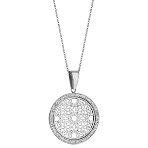 Collier en acier cha�ne avec pendentif rond en r�sine et strass blancs avec rosaces � l\'int�rieur - longueur 45cm + 5cm de rallonge - Vue 2