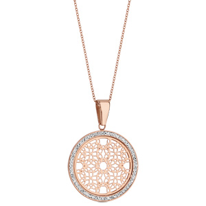 Collier en acier et PVD rose cha�ne avec pendentif rond en r�sine et strass blancs avec rosaces � l\'int�rieur - longueur 45cm + 5cm de rallonge - Vue 2