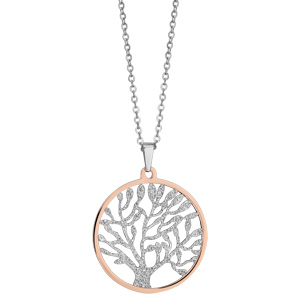 Collier en acier et PVD rose cha�ne avec pendentif rond avec arbre de vie granit� � l\'int�rieur - longueur 42cm + 4cm de rallonge - Vue 2