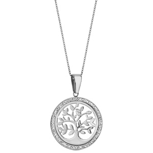 Collier en acier chane avec pendentif rond avec arbre de vie ajour et contour en rsine et strass blanc - longueur 42cm + 8cm de rallonge - Vue 2