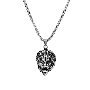 Collier en acier pendentif t�te de lion patin�e 55cm - Vue 2