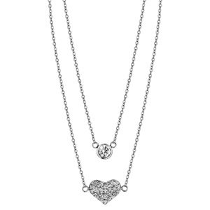 Collier en acier double cha�ne 1 oxyde blanc serti clos 1 coeur oxydes blancs sertis 42+3cm - Vue 2