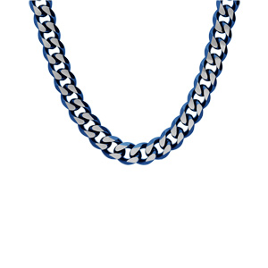 Collier en acier maille gourmette 10mm PVD bross� aspect patin� chanfrein bleu 55cm - Vue 2