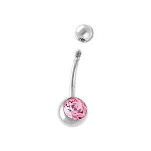 Piercing de nombril en acier et avec oxydes roses sur les boules - Vue 2