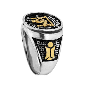 Bague en acier ronde motif franc - maon PVD dor et rsine noire - Vue 2