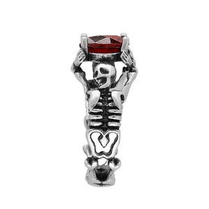 Bague en acier t�te de mort et squelette avec pierre rouge - Vue 2