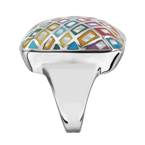 Bague Stella Mia en acier et nacre blanche v�ritable plateau carr� motifs g�om�triques et couleurs pastel - Vue 2