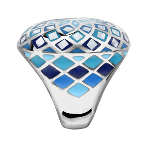 Bague Stella Mia en acier et nacre blanche v�ritable plateau rond bomb� motif fleur et d�grad� de bleu - Vue 2