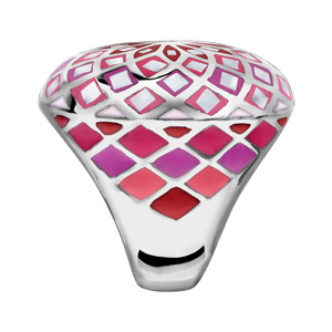 Bague Stella Mia en acier et nacre blanche v�ritable plateau rond bomb� motif fleur et d�grad� de rouge et rose - Vue 2