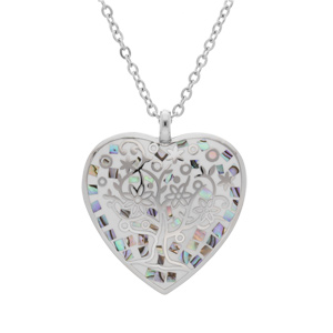 Collier Stella Mia en acier cha�ne avec pendentif coeur (32X30mm) motif arbre de vie couleur bleur avec nacre - 38+7cm - Vue 2