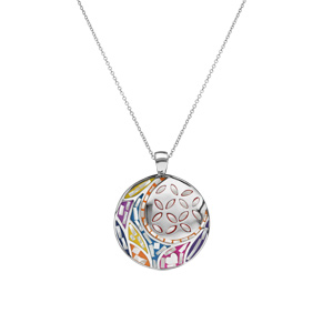 Collier  Stella Mia en acier pendentif  rond avec motif fleurs couleur pastel avec nacre 45cm + 10cm - Vue 2