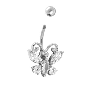 Piercing de nombril en acier papillon en oxydes blancs - Vue 2