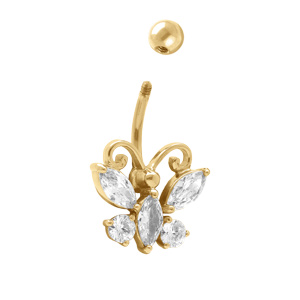 Piercing nombril en acier dore papillon avec oxydes blancs - Vue 2