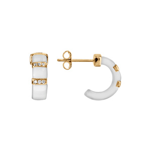 Croles en vermeil massif demi cercle cramique blanche deux barrettes d\'oxydes micro sertis blancs - Vue 2